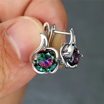 Round Rainbow Red Blue Green Yellow Black Stone Flower Hoop Earrings For Women Silver Color White Zircon Small Ear Buckle Gifts