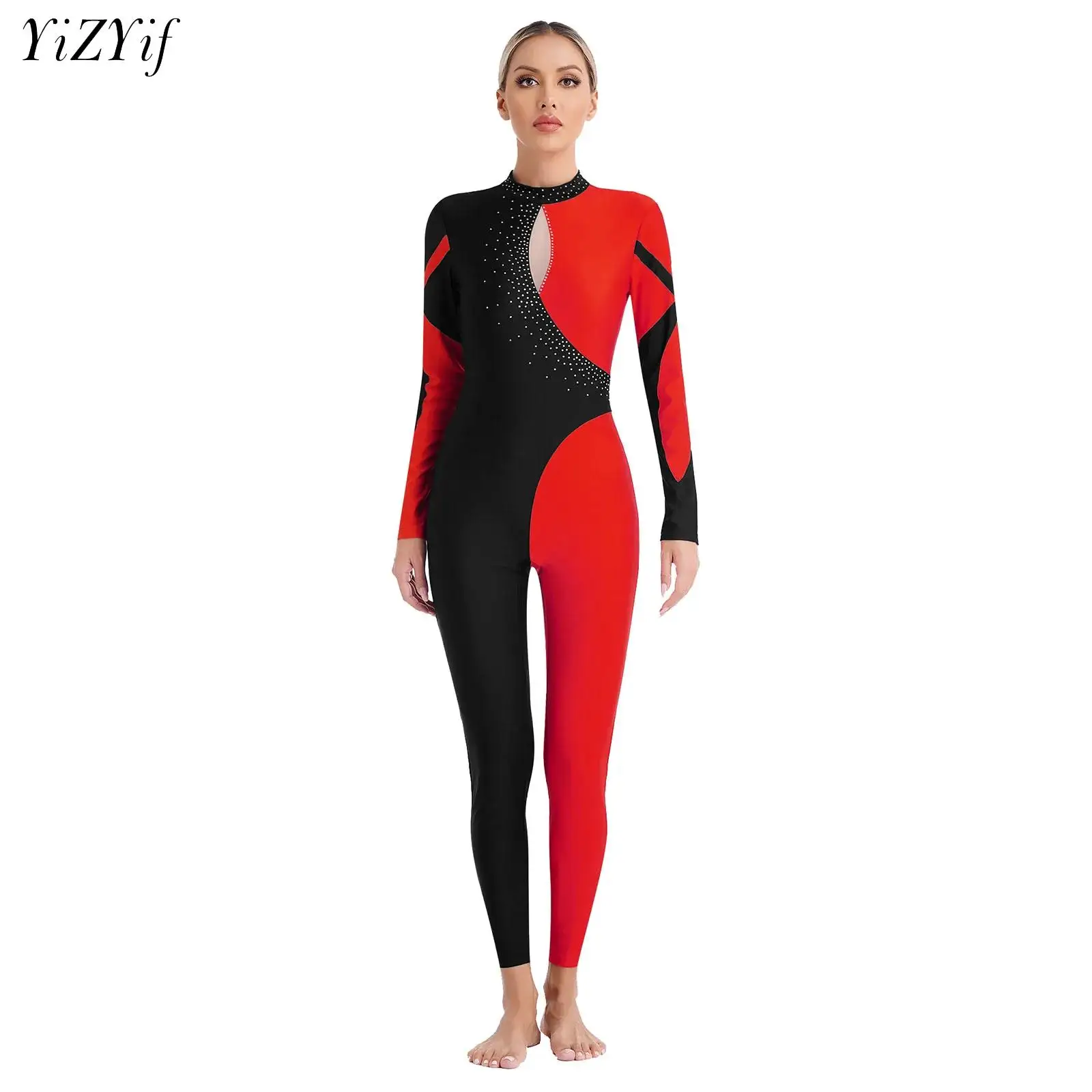 

Womens Rhinestones Gymnastics Leotard Long Sleeve Contrast Color Patchwork Jumpsuit Ballet Figure Skating Dance Unitard Costume