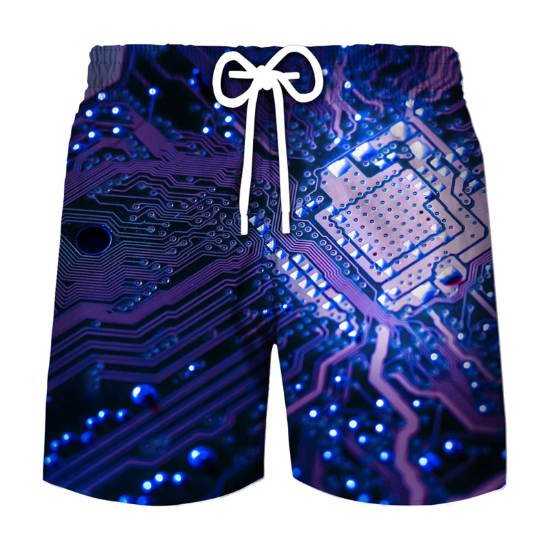Circuit Board Graphic Shorts Pants Men Summer Hawaii Beach Shorts 3D Printing Electronic Chip Cool Swimsuit Gym Surf Swim Trunks 3