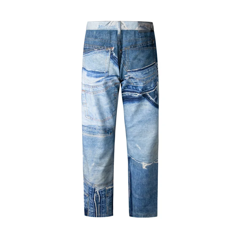 Gradient men's jeans street handsome trend fashion loose models Washed straight splicing high street wide leg casual pants