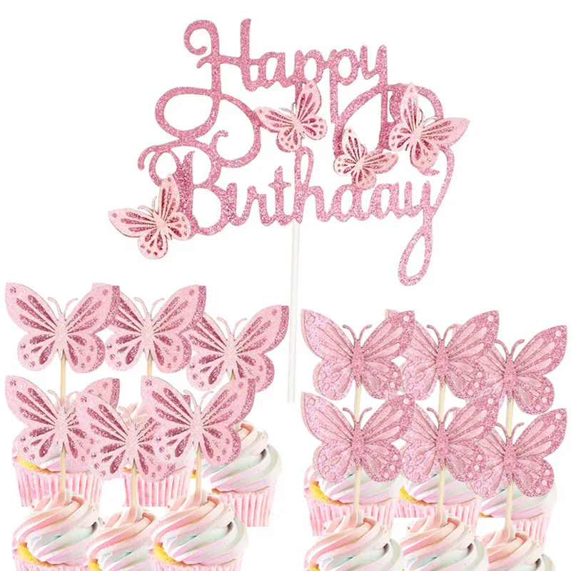 Glitter Butterfly Cake Toppers Set - 13pcs for Celebrations & Decorations