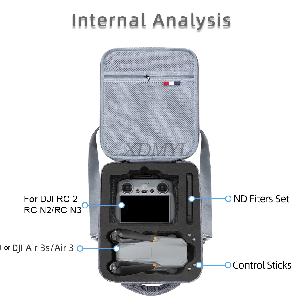 Étui de transport rigide pour DJI Air 3 et Air 3s ouvert, drone installé dans la mousse de protection.