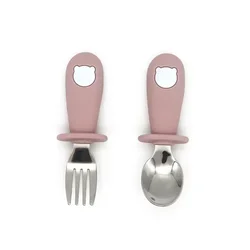 Adorable Stainless Steel Toddler Tableware Set - Cartoon-Themed Cutlery (Pink Bear)