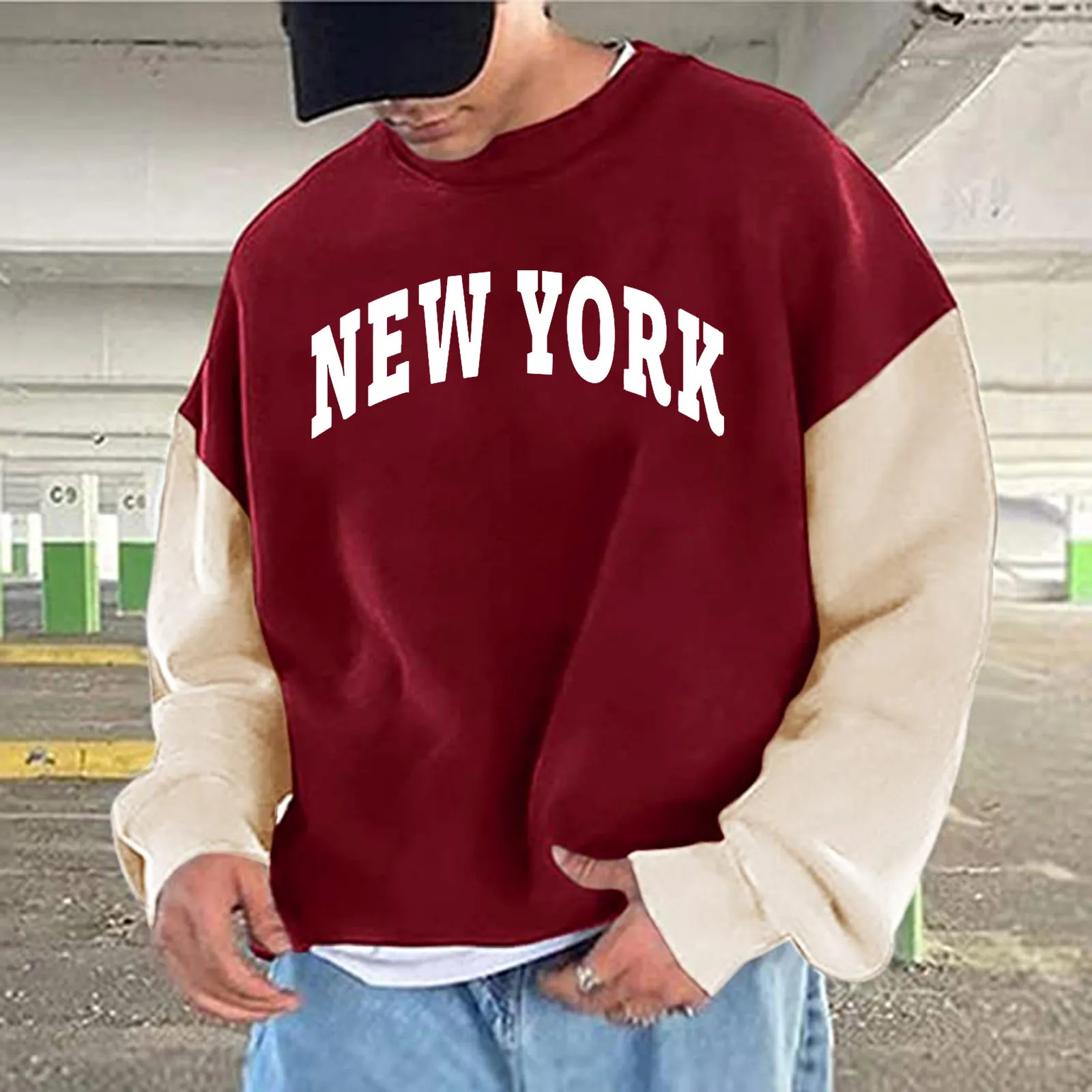 

Solid Color Faux Twinset Pullover Mens Hoodies Hip Pop Letter Print Long Sleeve Hoodies With Kanga Pocket Korean Sweater Male