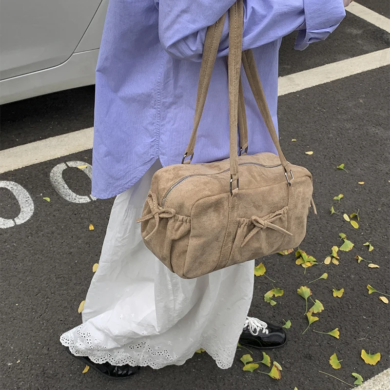 Faux Suede Top Handle Purse Solid Color Pillow Bag Large Square Shoulder Bags for Women Daily Use and Special Occasion