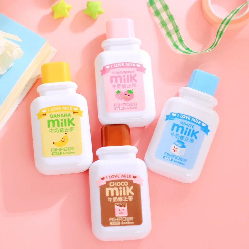 Random Novelty Milk Bottle Kawaii White Out Corrector Practical Correction Tape Diary Stationery School Supply 4 pcs correction tape