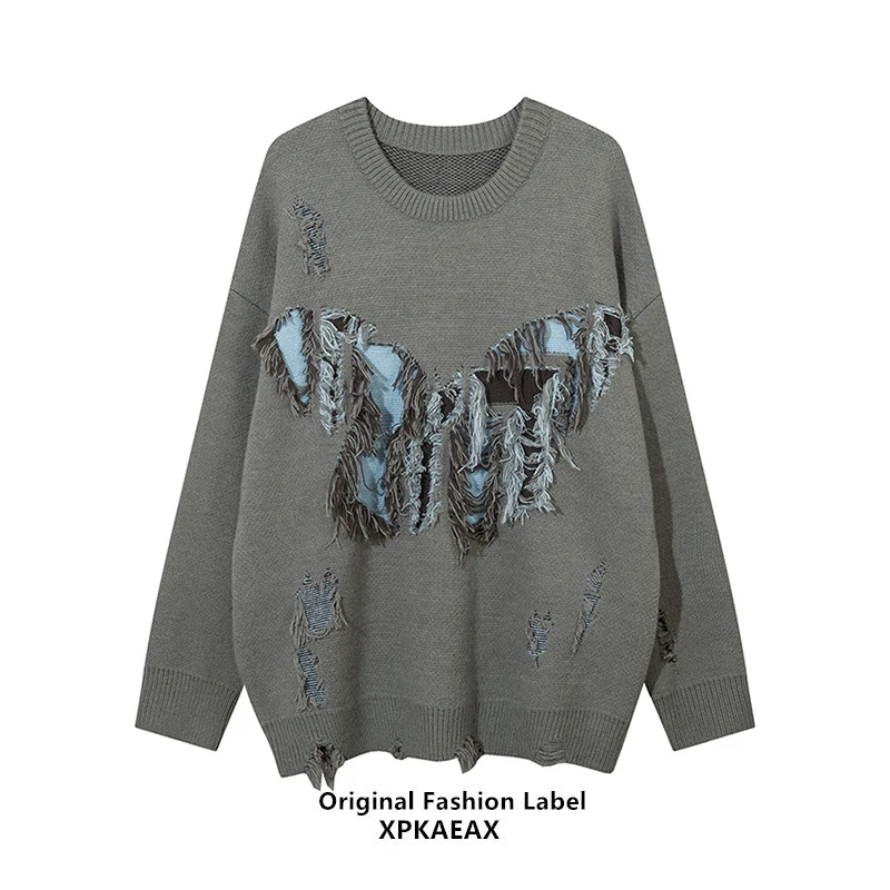 

Long Sleeve Sweater Men's and Women's Fashionable American Retro round Neck Pullover NationalButterfly Jacquard All-Matching 1Pc