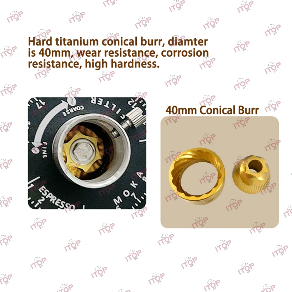itop 40 ITOP 40mm Titanium Burr Coffee Grinder Metal Hopper Elegant Samll Electric Coffee Grinder Machine Portable Household 3