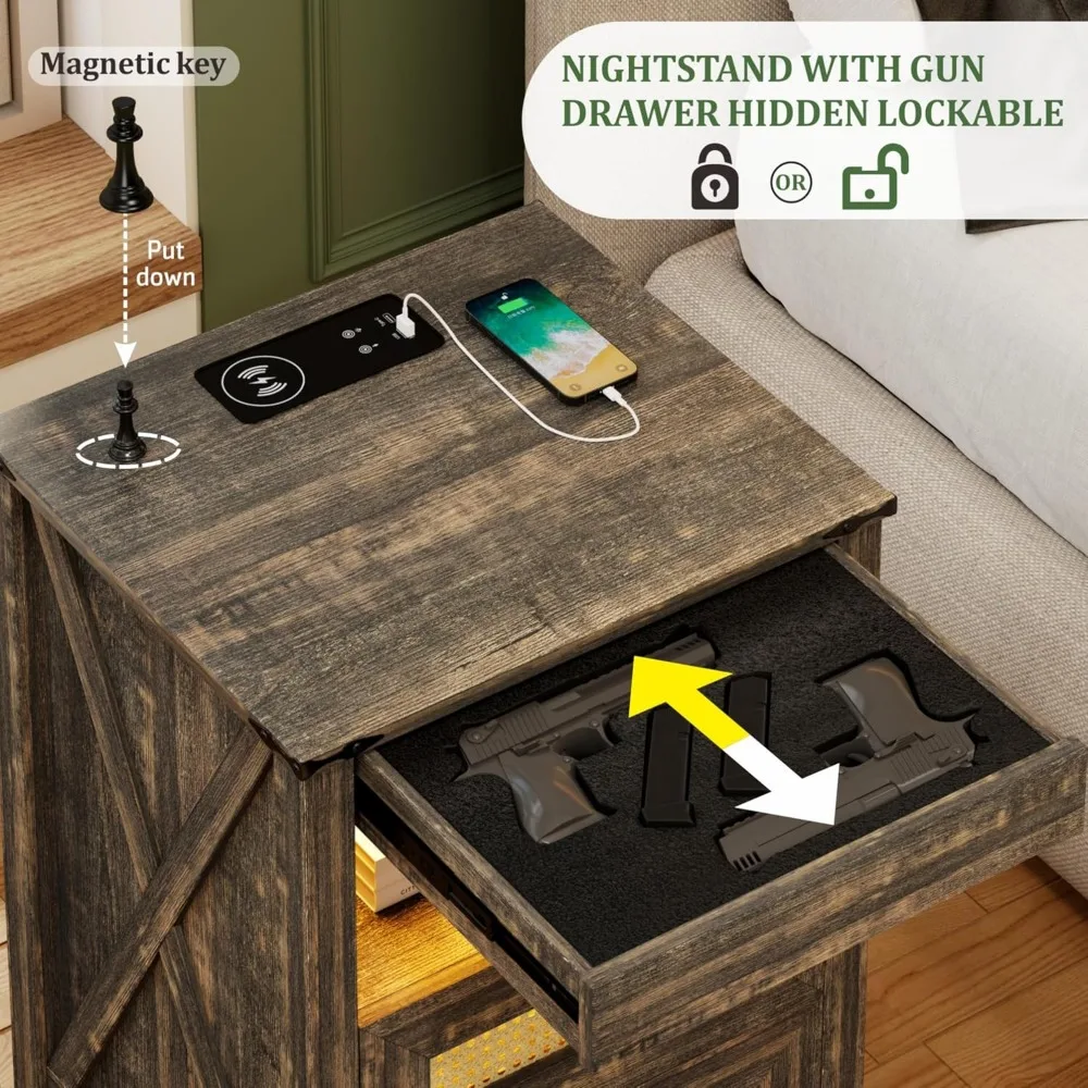 Stand Set 2 with Gun Drawer, with Charging Station, LED with Human Sensor Light, Nightstands 3