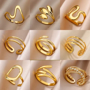 Anelli in acciaio inossidabile 316L per donna Anello aperto geometrico multistrato color oro Regalo di gioielli estetici per matrimonio impermeabile vintage 1