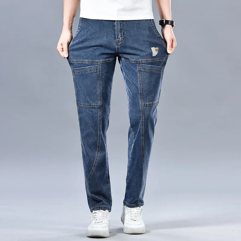 2024 Men's Summer Fashion Men's Jeans Multi-pocket Splicing Straight-leg Casual Denim Trousers Personalized Dark Blue Brand 2