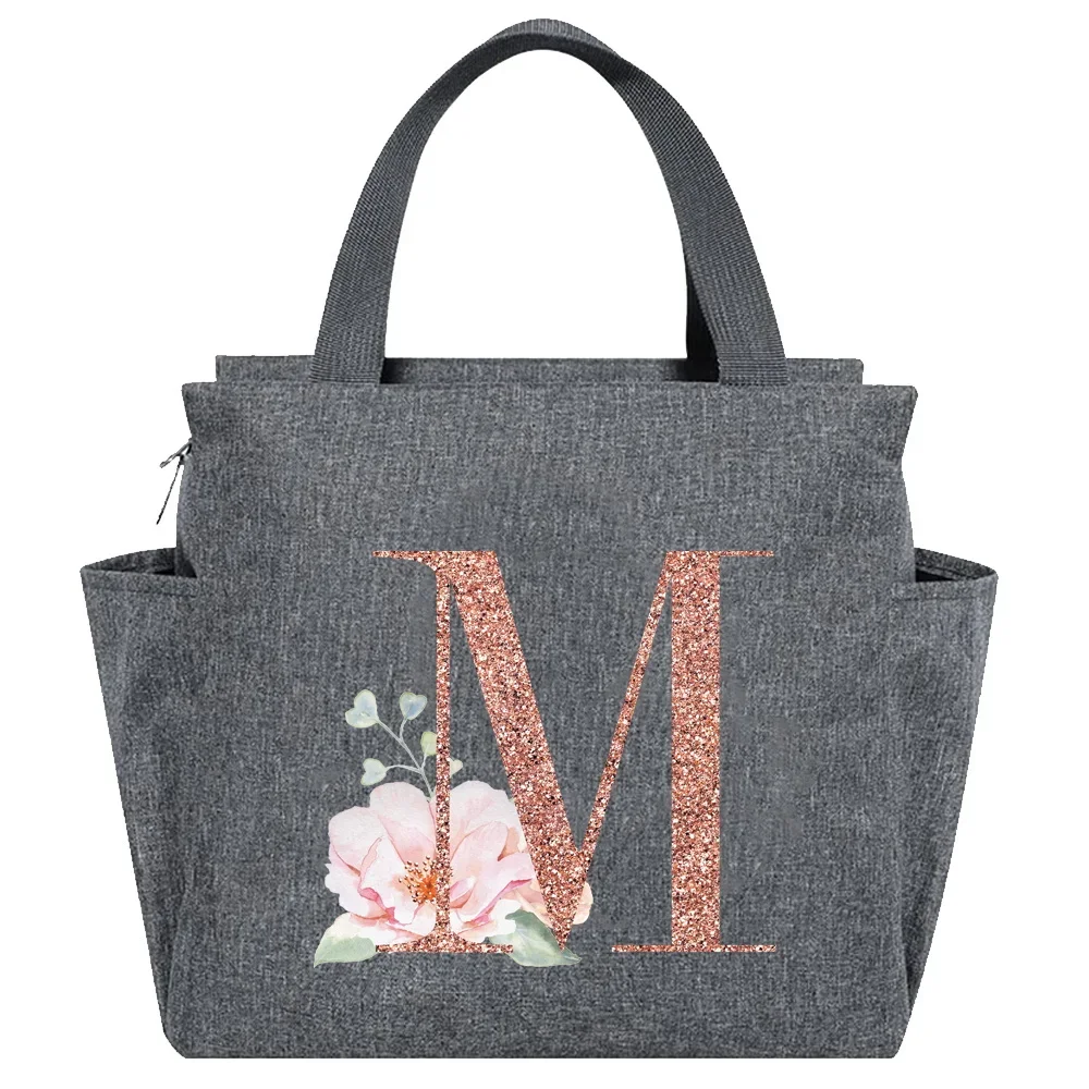 Rose Gold Insulated Lunch Tote with Letter Print