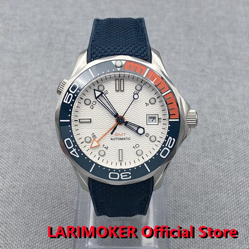 

LARIMOKER Brand 41mm Auto Men Watch Sapphire Glass Orange GMT Date Indicator Mental Band Rotating Bezel Rubber bracelet