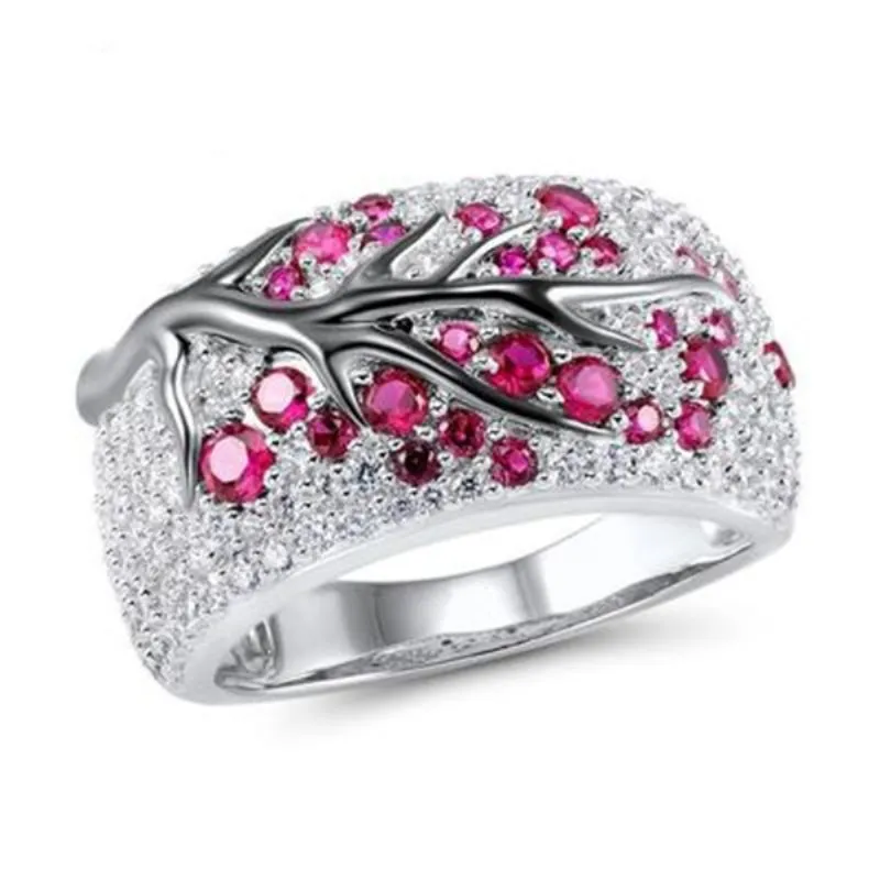 Milangirl Retro Women Ring Plum Tree Flower Blossom Red/Blue/Green Crystal Rhinestones Bohemia Jewelry |