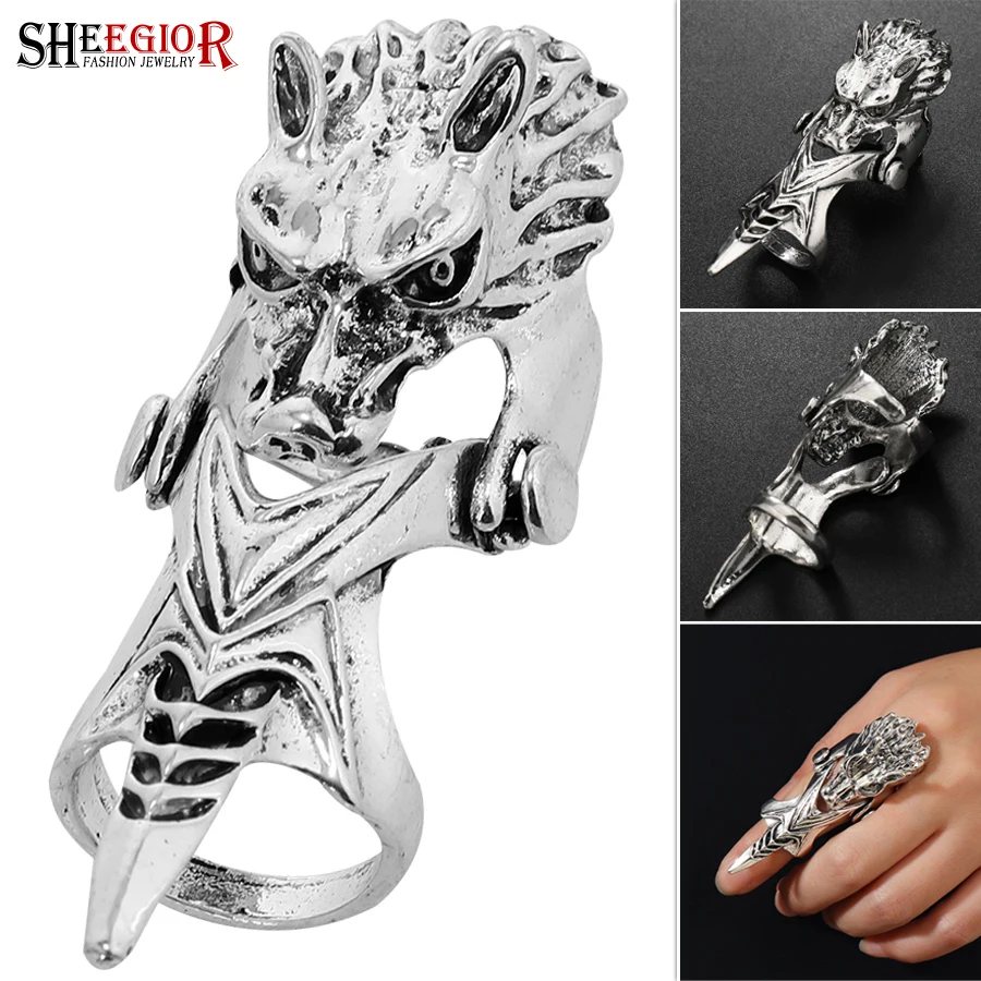 Gothic Knuckle Dragon Rings Vintage Wolf Argenteo Armor Double Finger Joint Activity Ring Men Fashion Rock Halloween Accessori