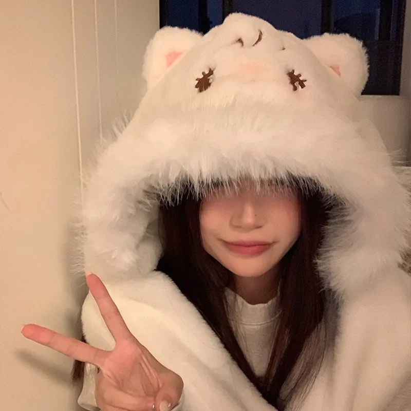 

Anime Mikko Plush Hat Pullover Hats Warm Gloves Winter New Kawaii Pink Cartoon Soft Thick Ear Protection Portable Exquisite Gift
