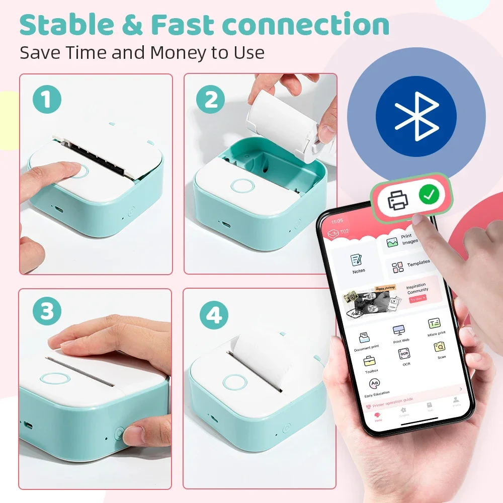 휴대용 블루투스 포켓 프린터, 사진 노트용 공부 용품, 미니 열전사 프린터, Phomemo T02 스티커 메이커 기계