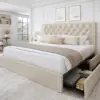King Size Platform Bed Frame with 4 Storage Drawers and Headboard Linen Upholstered Bed Frame Tufted Beds , Beige 1