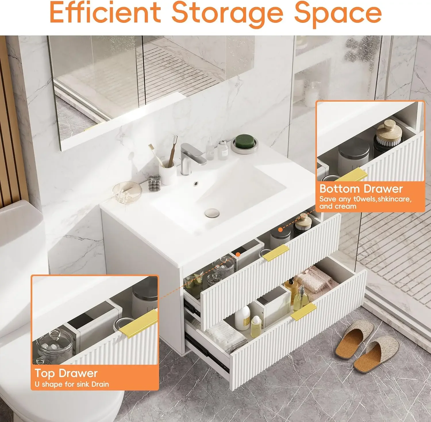 30'' Floating Bathroom Vanities with Sink, Wall Mounted Bathroom Floating Vanity with Ceramic Sink,2 Drawers, Soft-Close Doors 3