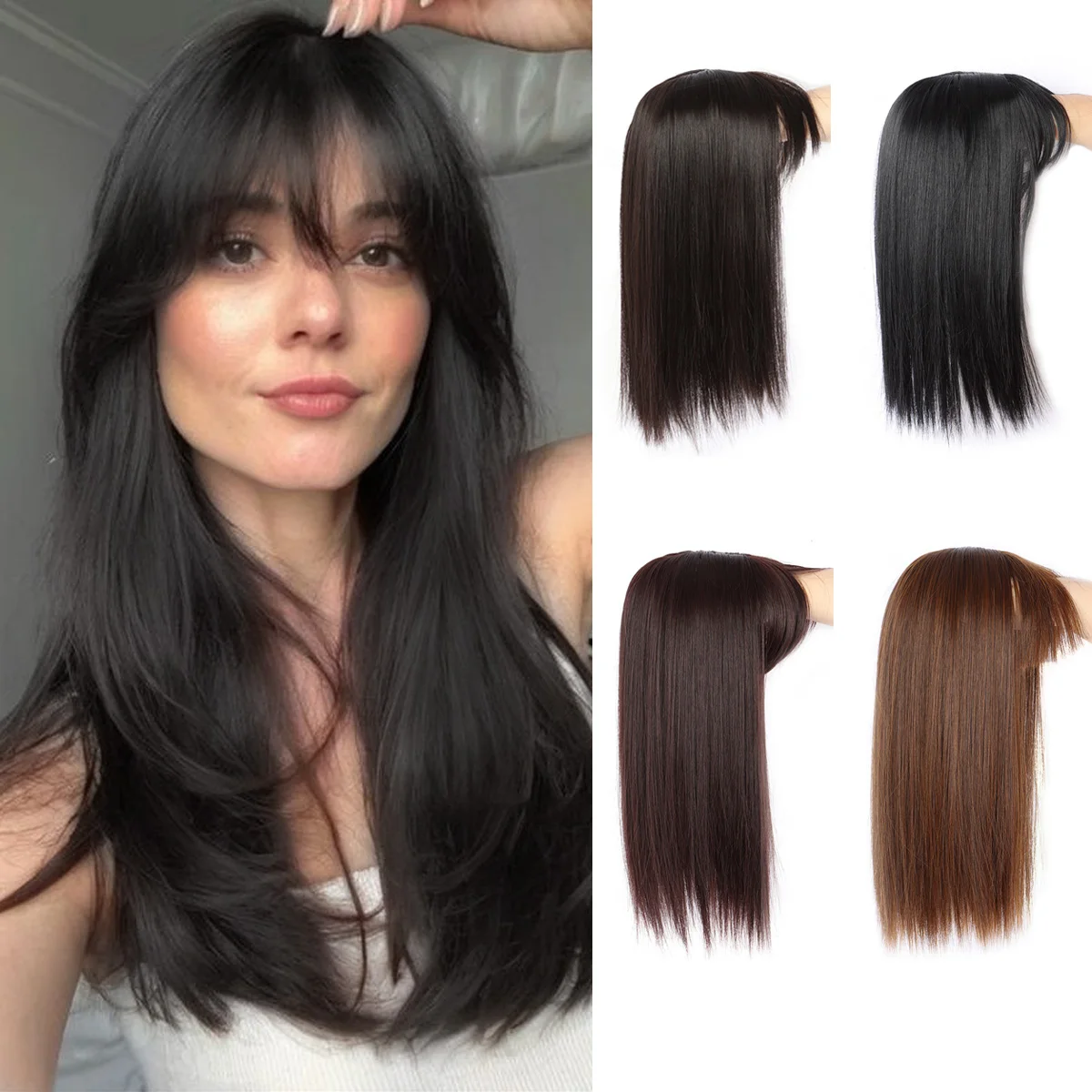 Synthetic 16inch Straight Topper Hair with 3 Clips for Women  Hairpieces for Thinning Hair Featuring Bangs  Easy to Wear