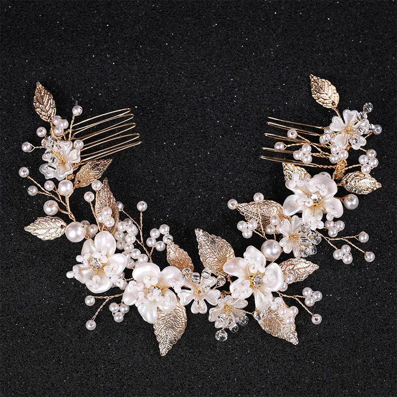 Handmade Ceramic Pearl Flower Leaf Decoration Bridal Wedding Hair Accessories Double Hair Combs