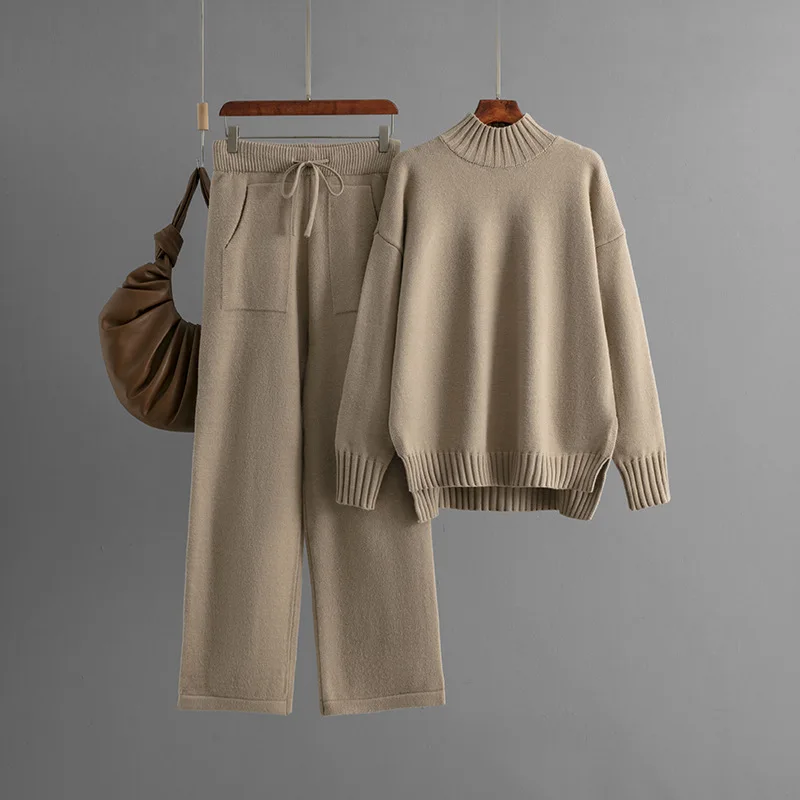 Winter Thick Knitted 2 Piece Sets for Women Half Turtleneck Sweater Blouse Tops High Waist Outfit