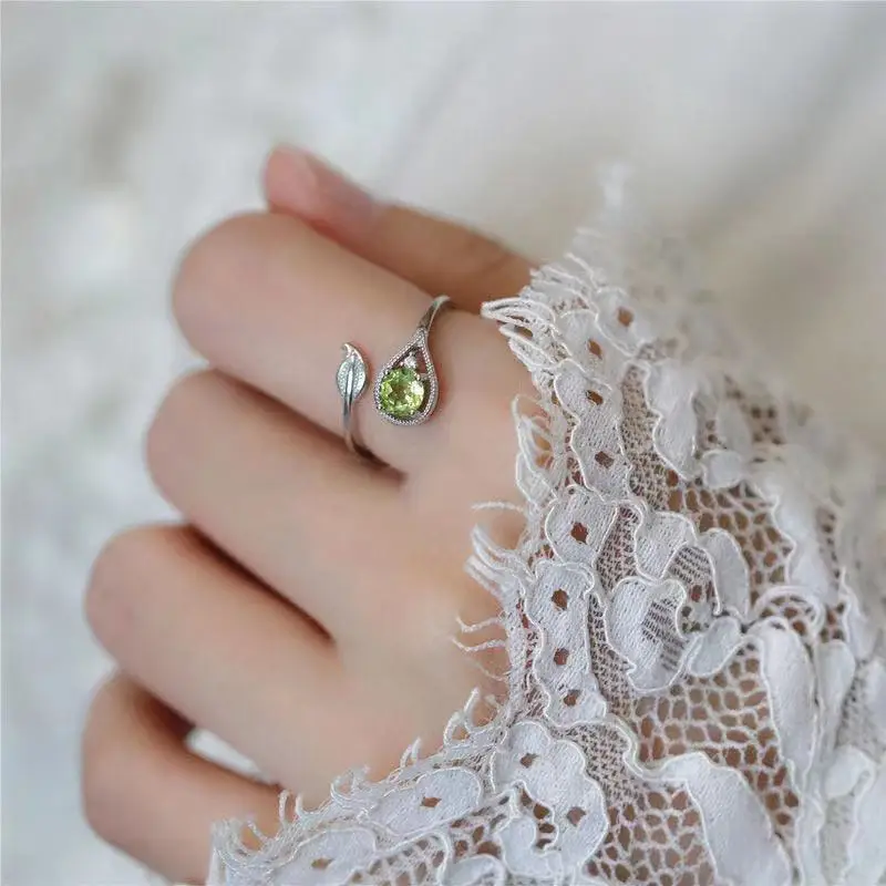 Anillos abiertos de hojas de ramas de gemas verdes peridoto para mujer, anillos simples Vintage, regalos de cumpleaños, joyería de boda, venta completa, nueva tendencia