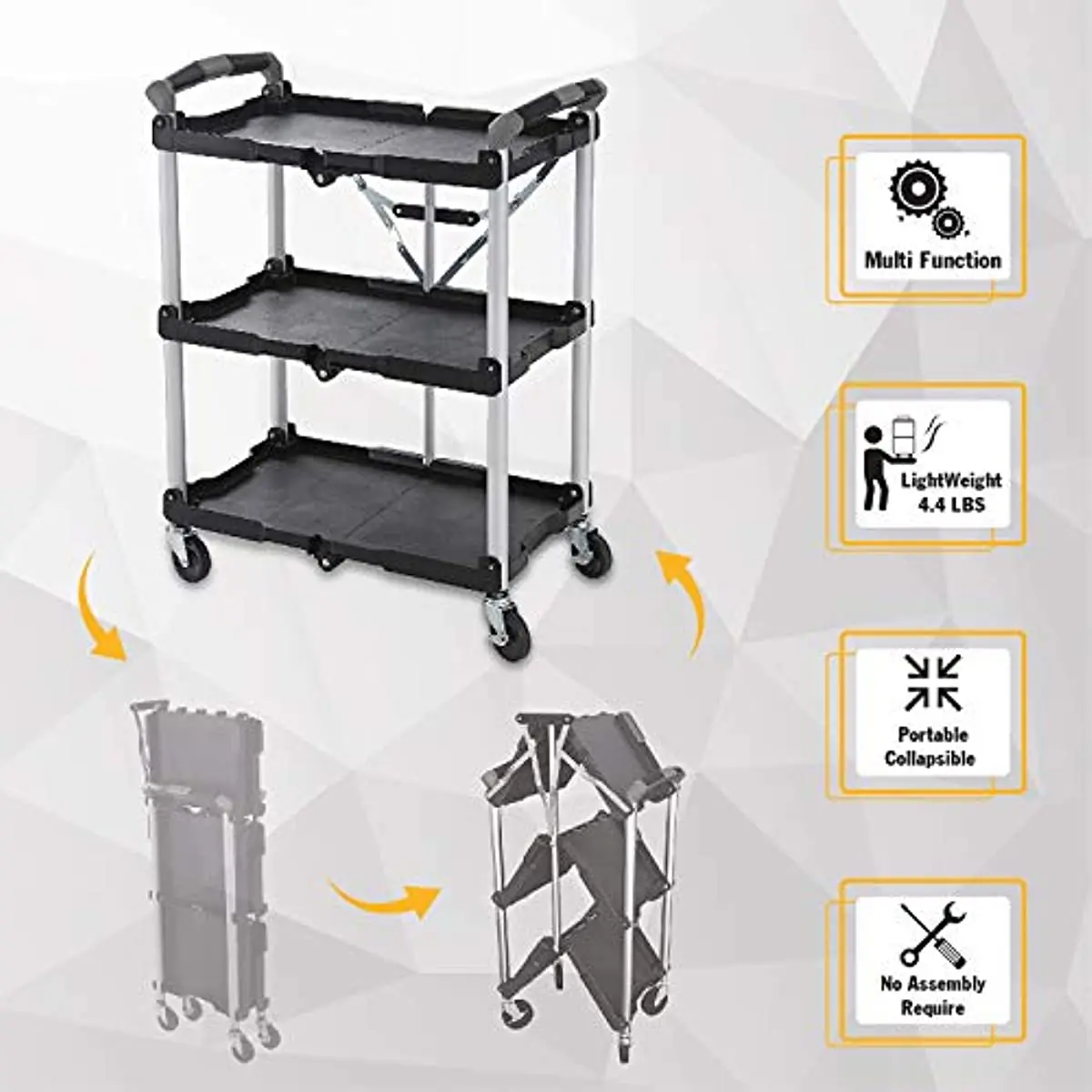 Olympia Tools 85-188 Pack-N-Roll Folding Collapsible Service Cart, Black, 50 Lb. Load Capacity per Shelf images - 6