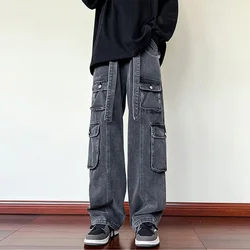 2024 New Men Cargo Jeans Wide Leg Pants Multiple Pockets Baggy Denim Trousers Hip Hop Streetwear Skateboard Neutral Male Clothes