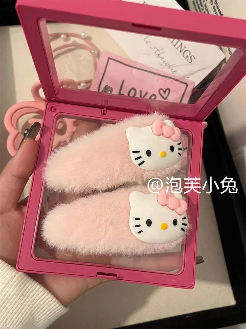 

Hello kitty autumn and winter plush pink hairpin Japanese creative anime cartoon cute hairpin girl heart student bangs hairpin
