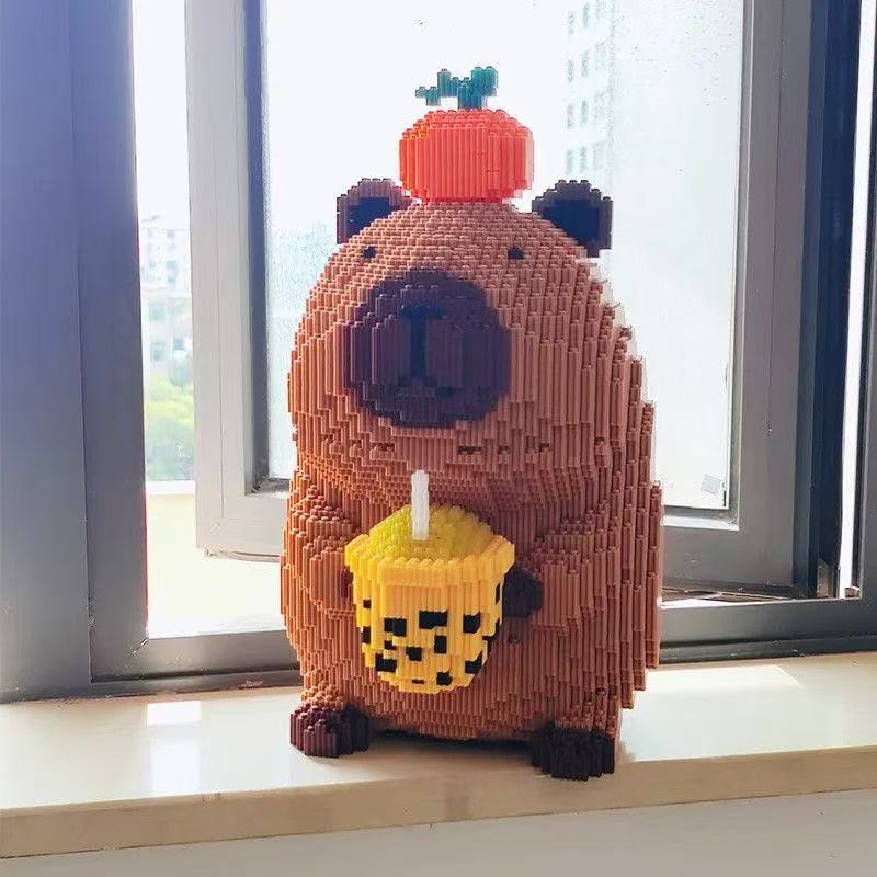 3836 Pieces of Cute Persimmon Milk Tea Capybara Cartoon Toys, Plastic, Model Assembly Puzzle, Suitable for Party and Room Decoration