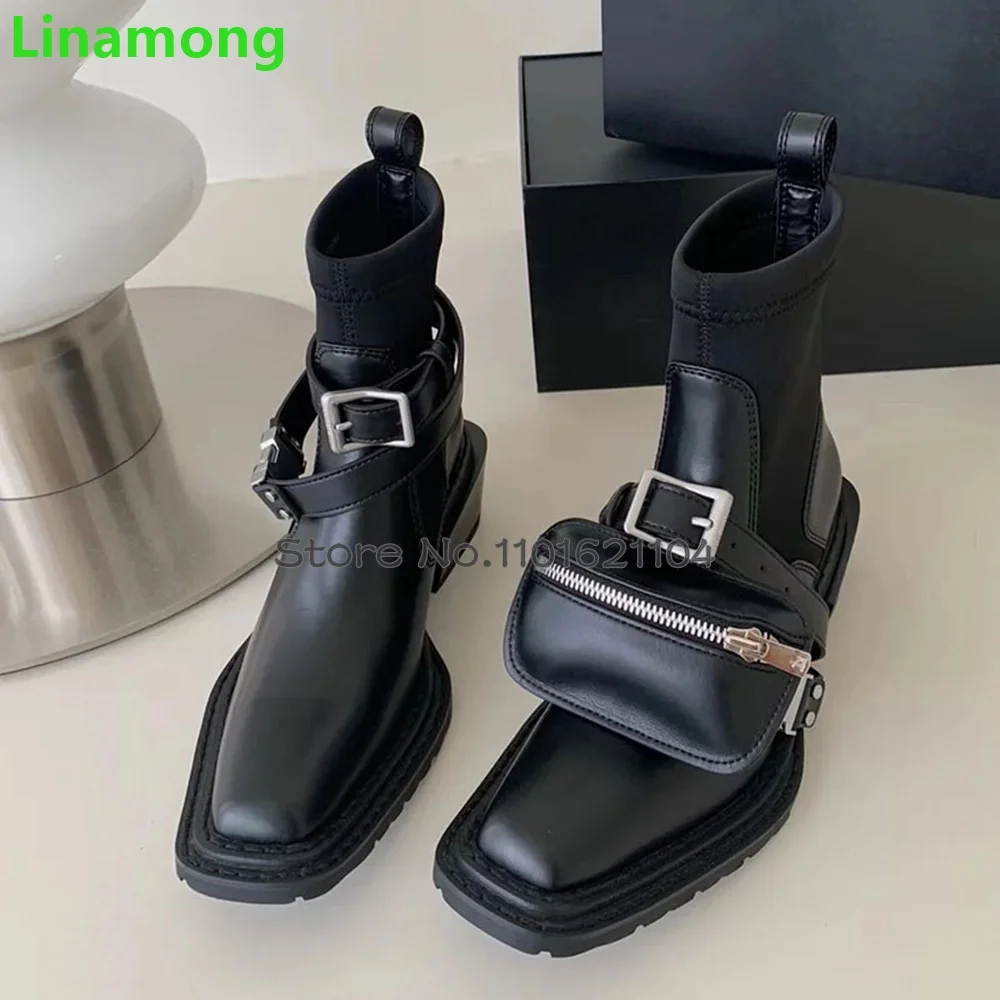 Black Square Toe Pocket Design Boots For Female Women 2024 New Chunky Heel Slip-on Leather Fabric Fashion Runway All-match Shoes