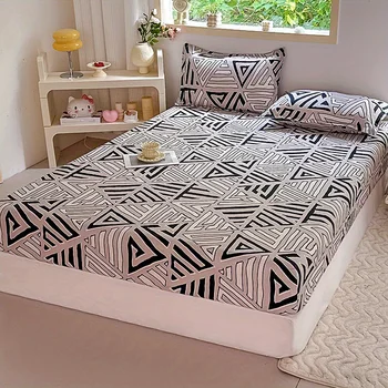 3pcs Print Bedding Set, Soft and Comfortable, Suitable for Bedroom, Guest Room One Fitted Sheet + Two Pillowcases, No Core 1