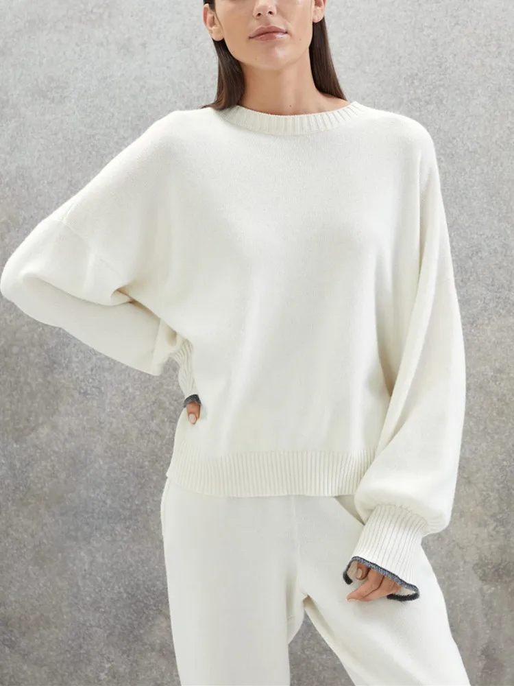 

Women Solid Color Knitted Set Early Autumn Long Sleeve O-Neck Splice Loose Pullover Top or Drawstring High Waist Pants for Lady