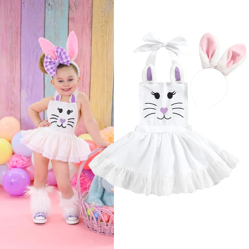 FOCUSNORM Easter Baby Girl Romper Dresses 024M Sleeveless Hanging Neck Rabbit Print ALined