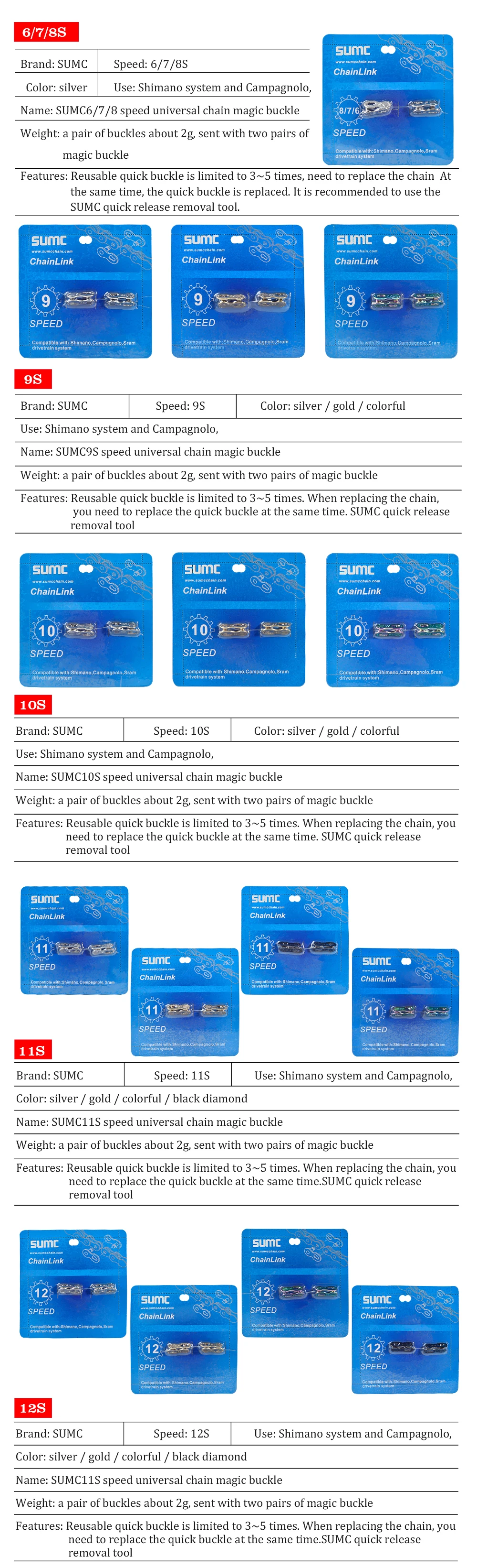 Description Picture 6 of item2 Pairs Bicycle Chain Magic Buckle 6/7/8 9 10 11 12 Speed Missing Link Reusable MTB Road Bike Chain Quick Link Shimano/SRAM