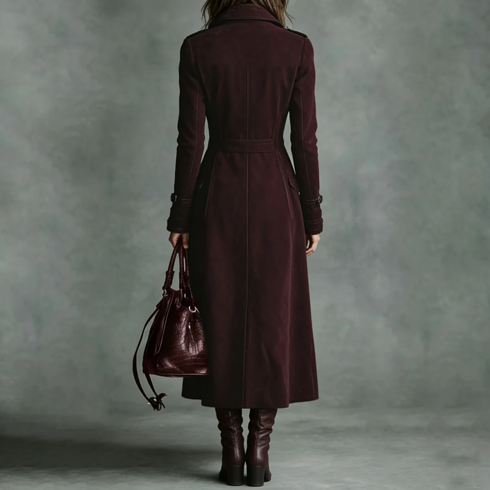 Trench Coat Women Chocolate Suede Double-Breasted Long Trench Coat Elegant Office Daily Outing 2026 Trendy Tops Nuevo Estilo - 5