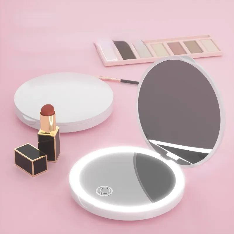 

Mini Folding Pocket Makeup Mirror With Led Light Round Handheld Compact 2X Magnifying Pink Black Vanity 2 Side Mirrors 200mA