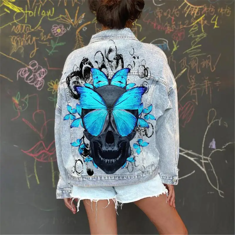 

Женская джинсовая куртка, уличная мода, повседневная джинсовая куртка с большим рисунком черепа, женское моющееся пальто