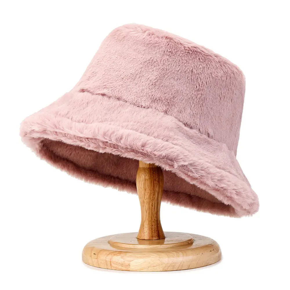 Women Fluffy Plush Bucket Hat Solid Ladies Winter Warm Faux Fur