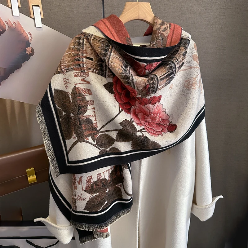 

New Winter Cashmere Scarf Women Jacquard Floral Warm Thick Shawls Wraps Pashmina Fashion Bufandas Poncho Casual Blanket Echarpe