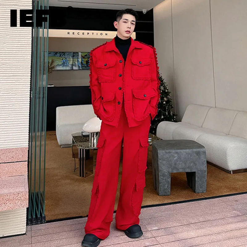 

IEFB Fashion Men's Wear Two-piece Set Multi Pocket Wooden Ear Edge American Style Workwear Sets Personality 2023 New Trend C3500