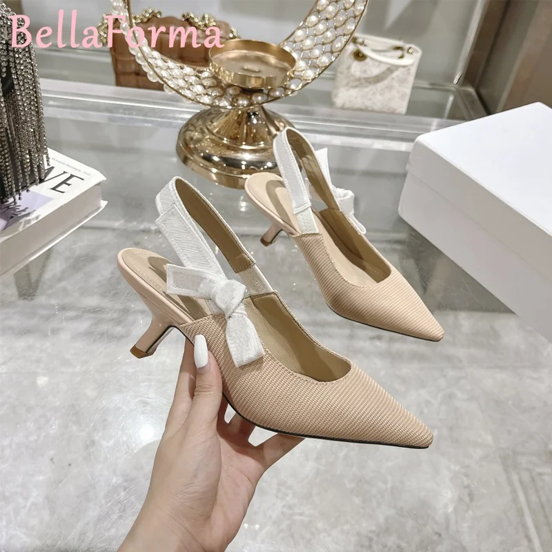 Women's Ribbon Pointed High Heels Striped Fabric Sheepskin Elegant Mature Sexy Banquet Wedding Festival Dress Slingback Sandals