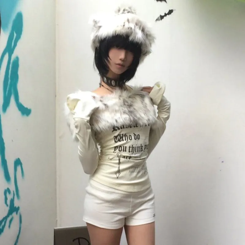 Karrram Japanese Y2k Fur Collar Tops 2000s Aesthetics Off Shoulder Knit Tops Vintage Harajuku Letter Print Long Sleeve T-shirt 5