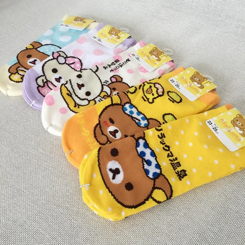

Женские носки Rilakkuma, короткие носки с принтом, полосатые, сшитые, оранжевый медведь, хлопок, телесный, забавная Новинка, удобные носки с мультяшными животными