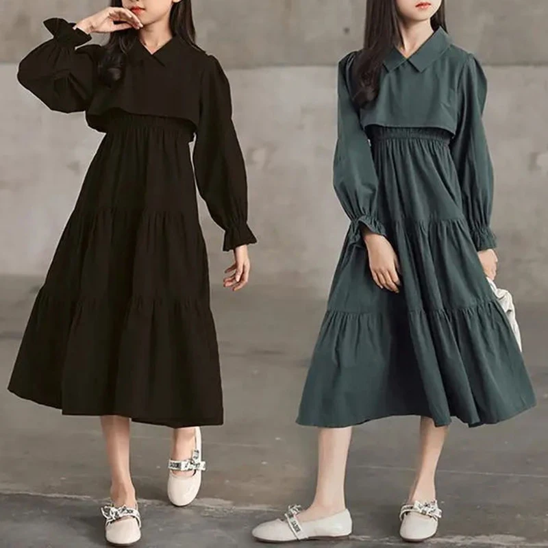 

Girls' Spring and Autumn Long Dress New Children's Fashion Princess Long Sleeve Over Knee Solid Color Shirt Dress