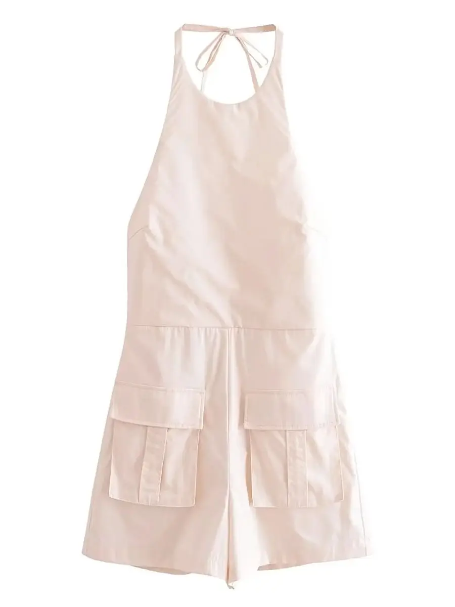 

MEIMY 2023 NEW Summer Women Solid Color Hang one's neck Backless Pockets Lace-up Decoration Overalls