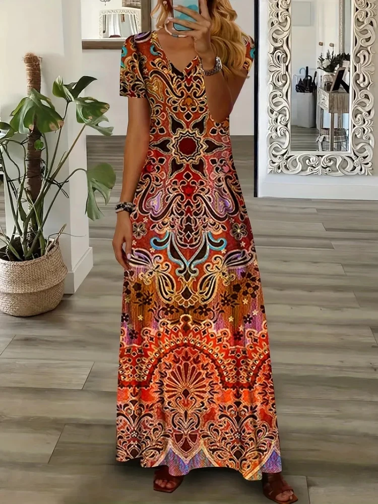 

Women's Plus Tribal Print Short Sleeve V Neck Split Maxi Dress