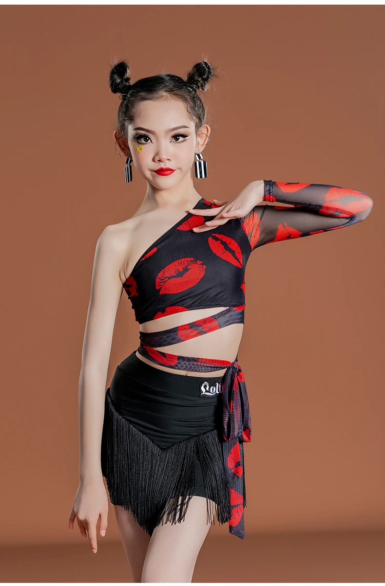 Latin clothing, summer black dance dress, girls' high-end practice clothes, children's performance clothes, tight fringe skirt