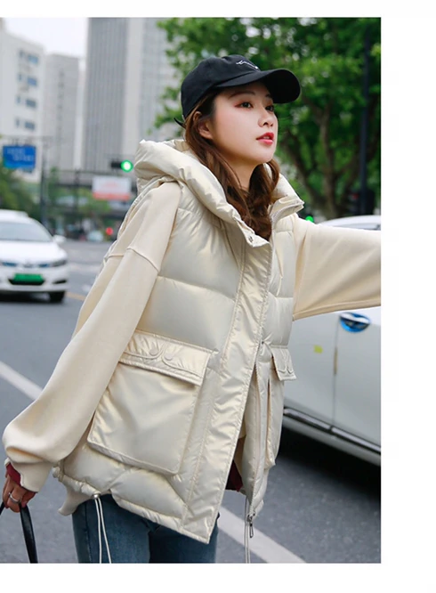 ladies parka coats 2021 New Autumn Winter Women's Down Cotton Horse Bright Fabric With Hat Girl Fashion Vest Outdoor Coat Leisure Black down puffer coat